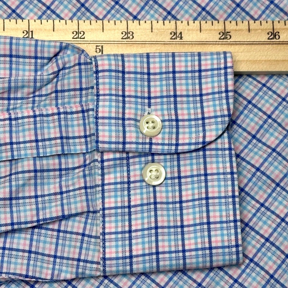 Peter Millar Plaid Button Down Shirt Large Blue Pink Long Sleeve Check - Picture 7 of 12